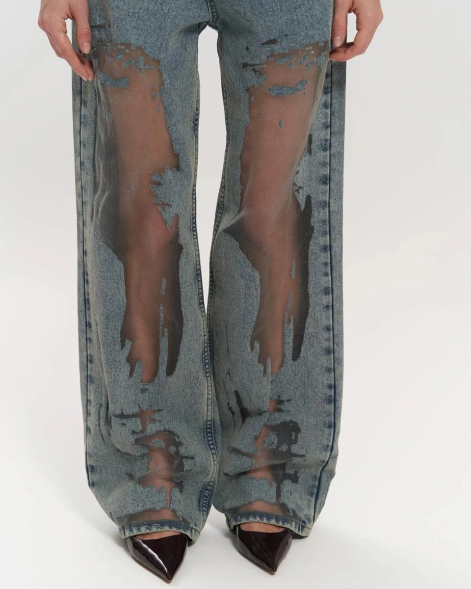 Hoch Taillierte Weitbeinjeans Damen Mit Einzigartigem Mesh-Patchwork-Design – Modische Damenjeans-6