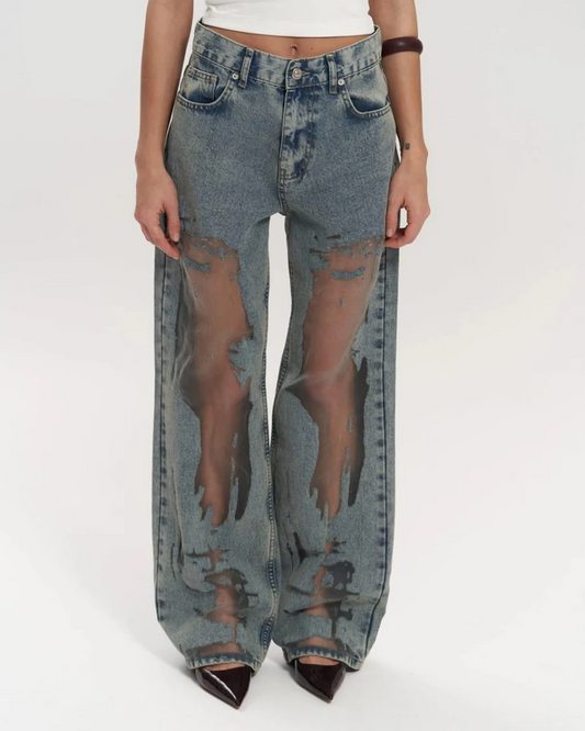 Hoch Taillierte Weitbeinjeans Damen Mit Einzigartigem Mesh-Patchwork-Design – Modische Damenjeans-1