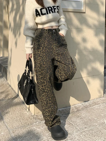 Hoch Taillierte Damenjeans Mit Leopardenmuster Und Weitem Bein, Trendige Passform In S-XXL-Größen-4