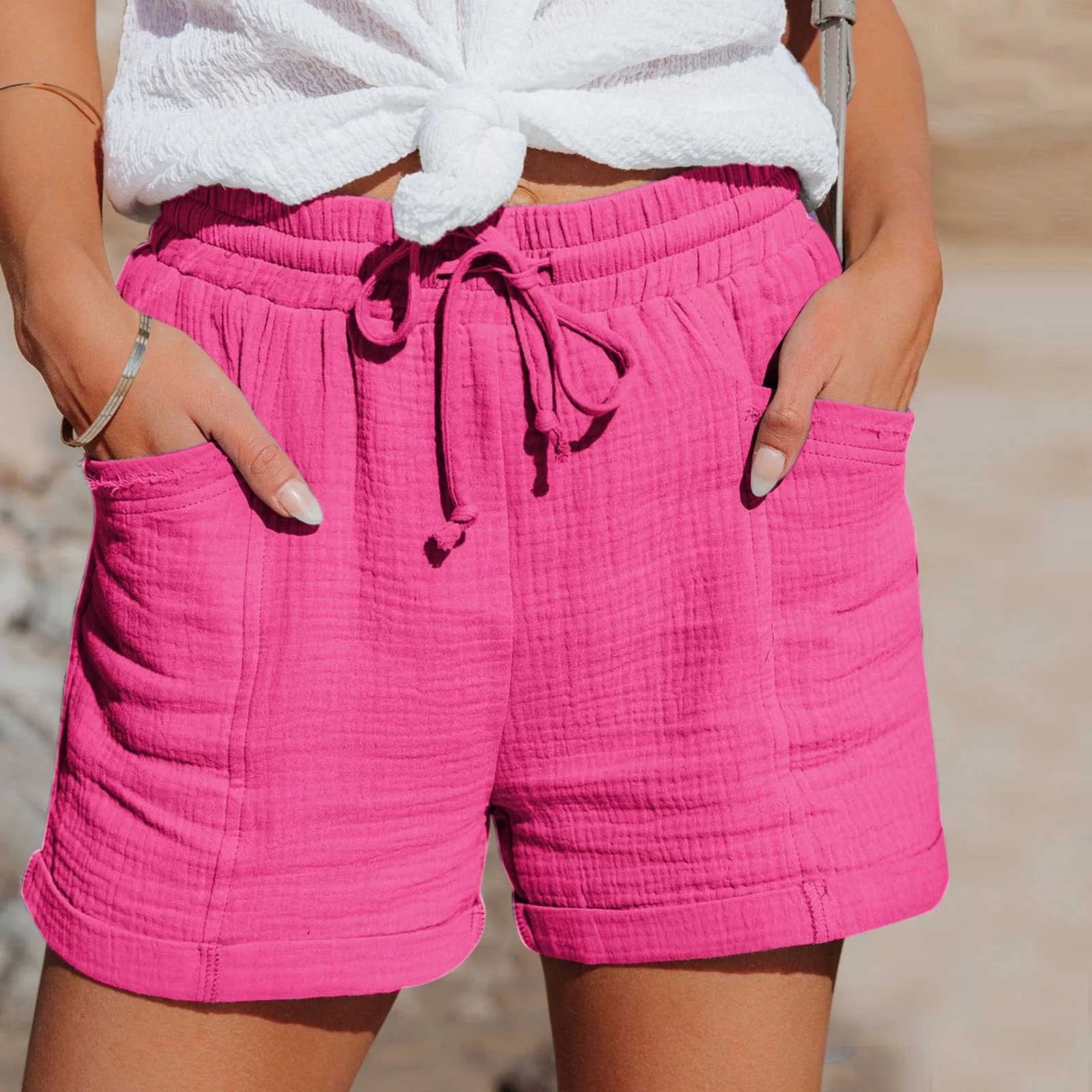 Hochtaillierte Baumwoll-Leinen Shorts Damen mit Taschen – Kurze Hosen für Freizeit und Sport, Größen S bis XXL-5
