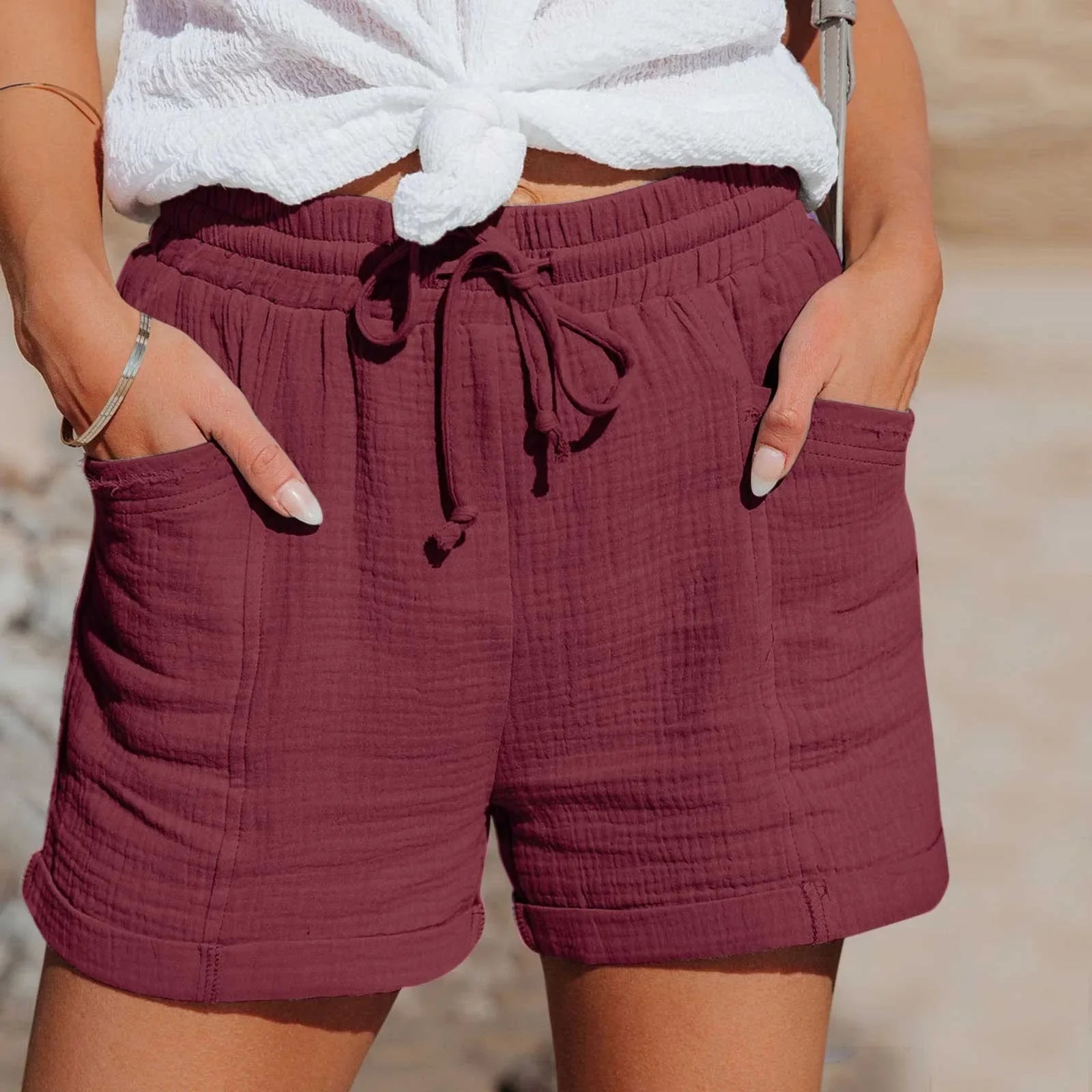 Hochtaillierte Baumwoll-Leinen Shorts Damen mit Taschen – Kurze Hosen für Freizeit und Sport, Größen S bis XXL-1