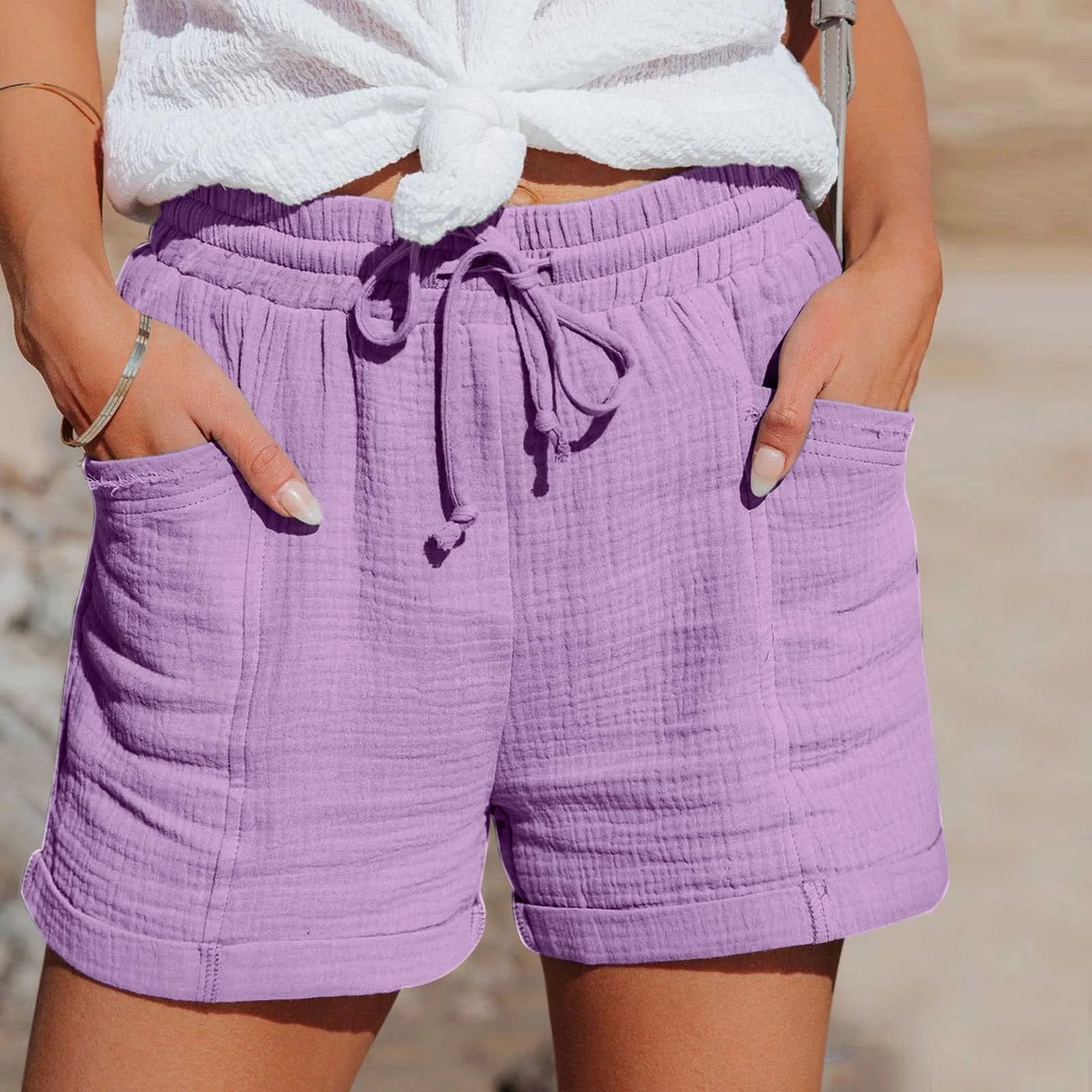 Hochtaillierte Baumwoll-Leinen Shorts Damen mit Taschen – Kurze Hosen für Freizeit und Sport, Größen S bis XXL-4