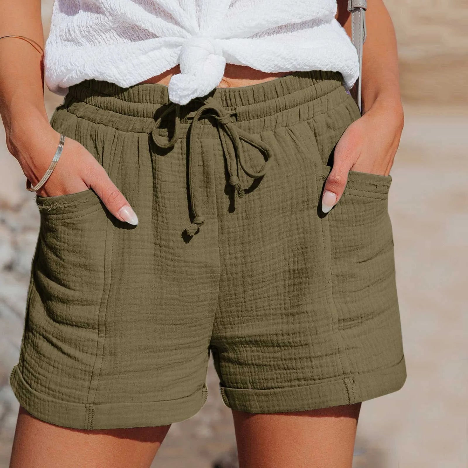 Hochtaillierte Baumwoll-Leinen Shorts Damen mit Taschen – Kurze Hosen für Freizeit und Sport, Größen S bis XXL-2