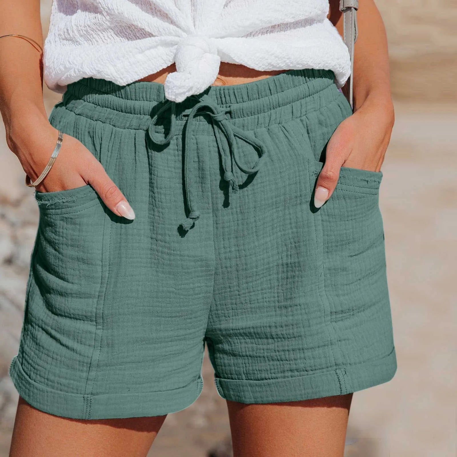 Hochtaillierte Baumwoll-Leinen Shorts Damen mit Taschen – Kurze Hosen für Freizeit und Sport, Größen S bis XXL-6