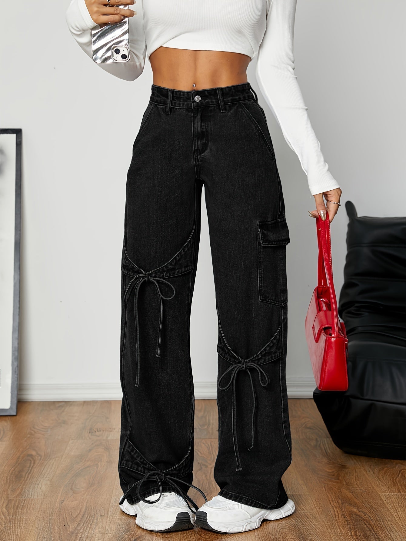 Schwarze Frachtjeans Für Frauen Mit Weitbein-Passform Aus Langlebiger Rayon-Baumwollmischung-6