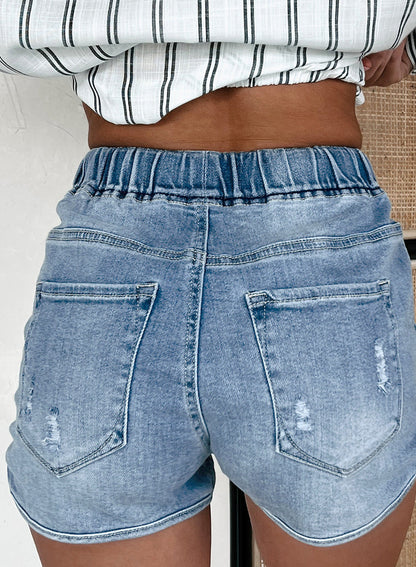 Myosotis Drawess High Taille Delessed Denim Shorts, Trendy Damenmode mit Distressed Look