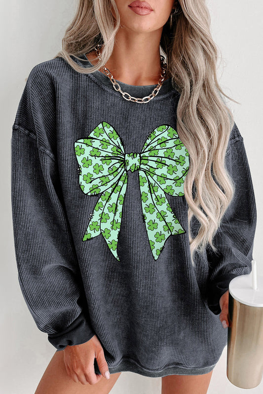 Graues Cord-Pullover-Sweatshirt, Kleeblatt-Grafik mit Schleife