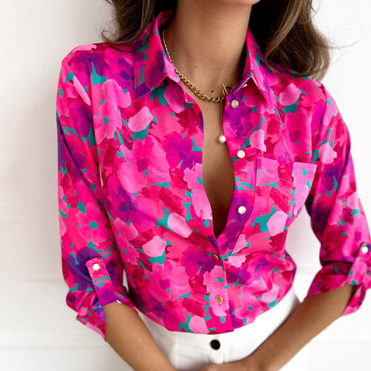Blumenbluse Mit Spitzenkragen Und Dreiviertelärmeln Für Frauen – Bequeme Baumwoll-Polyester-Mischung-1